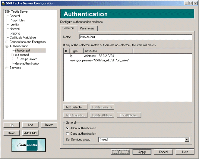 SSH Tectia Server Configuration - Authentication page - Selectors tab