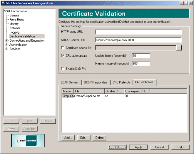 SSH Tectia Server Configuration - Certificate Validation page