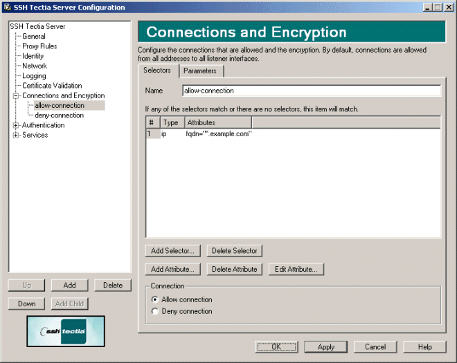 SSH Tectia Server Configuration - Connections and Encryption page - Selectors tab