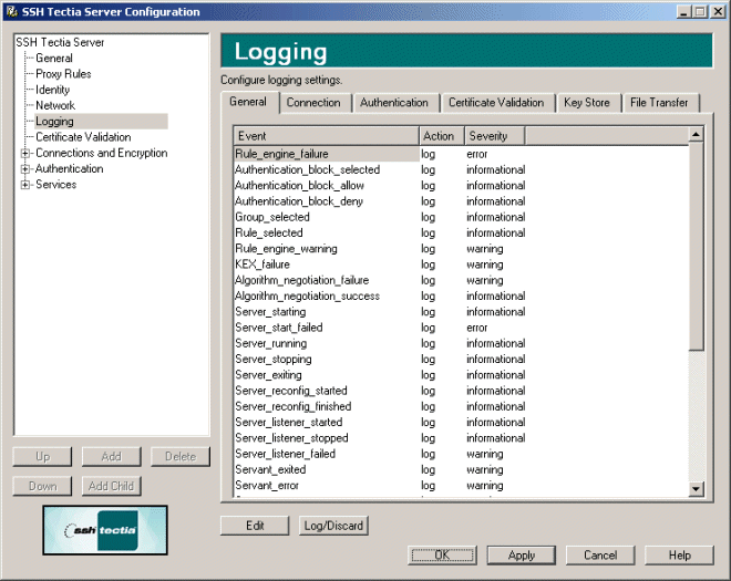 SSH Tectia Server Configuration - Logging page