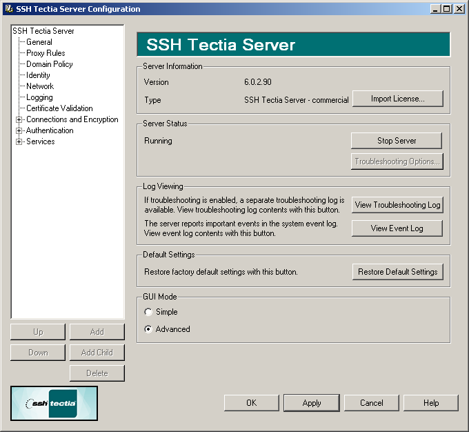 Using SSH Tectia Server Configuration GUI to start and stop the Server