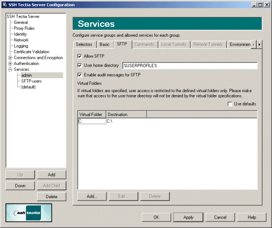 SSH Tectia Server Configuration - Services page - SFTP tab