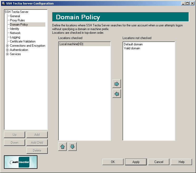 SSH Tectia Server Configuration - Domain Policy page