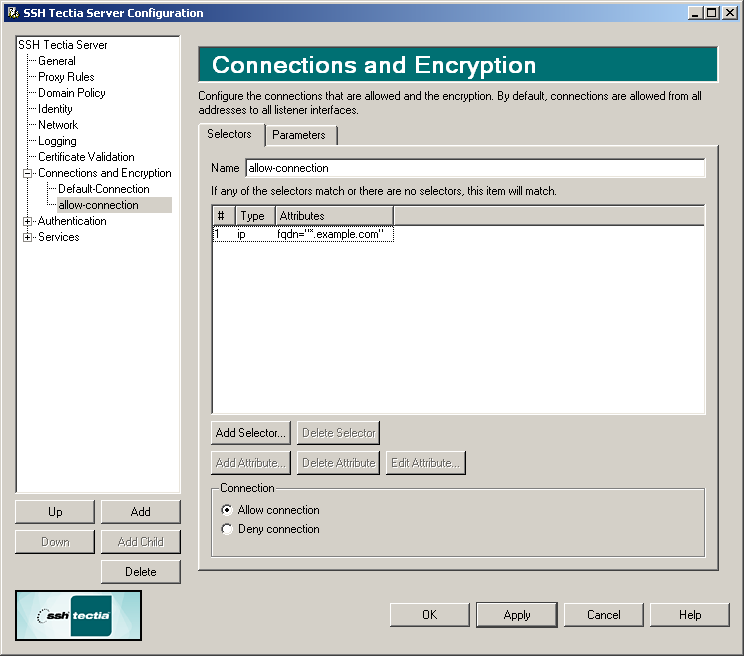 SSH Tectia Server Configuration - Connections and Encryption page - Selectors tab