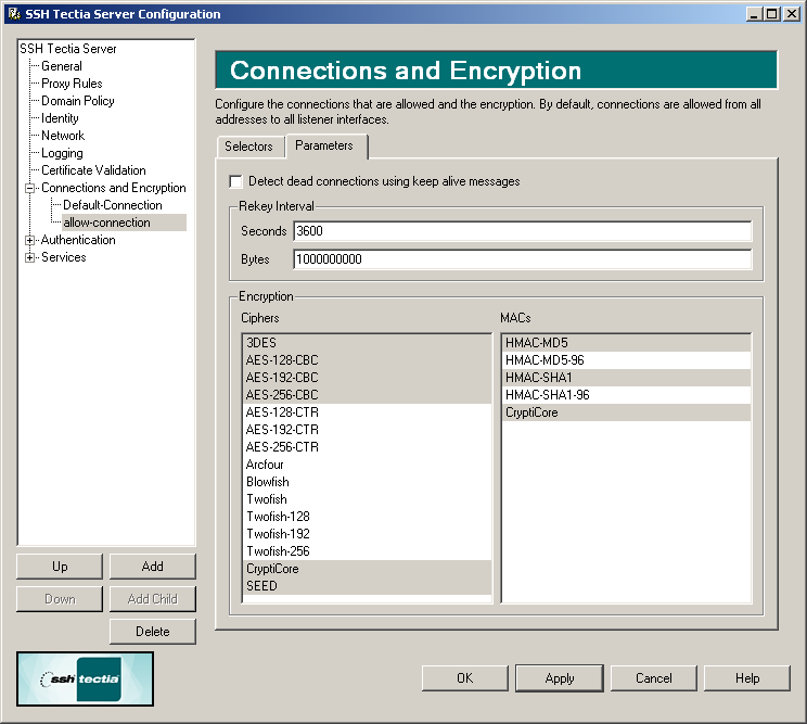 SSH Tectia Server Configuration - Connections and Encryption page - Parameters tab