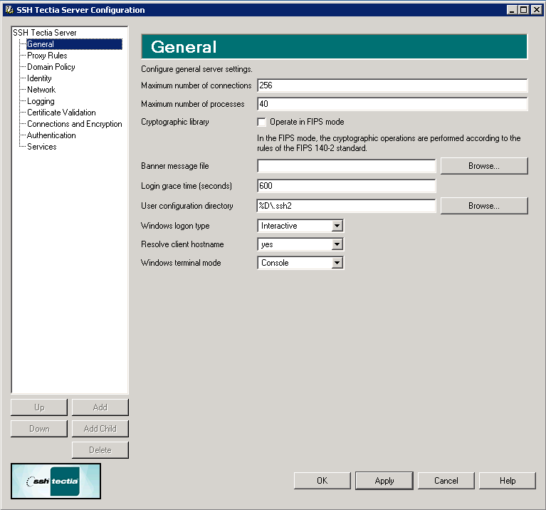 SSH Tectia Server Configuration - General page