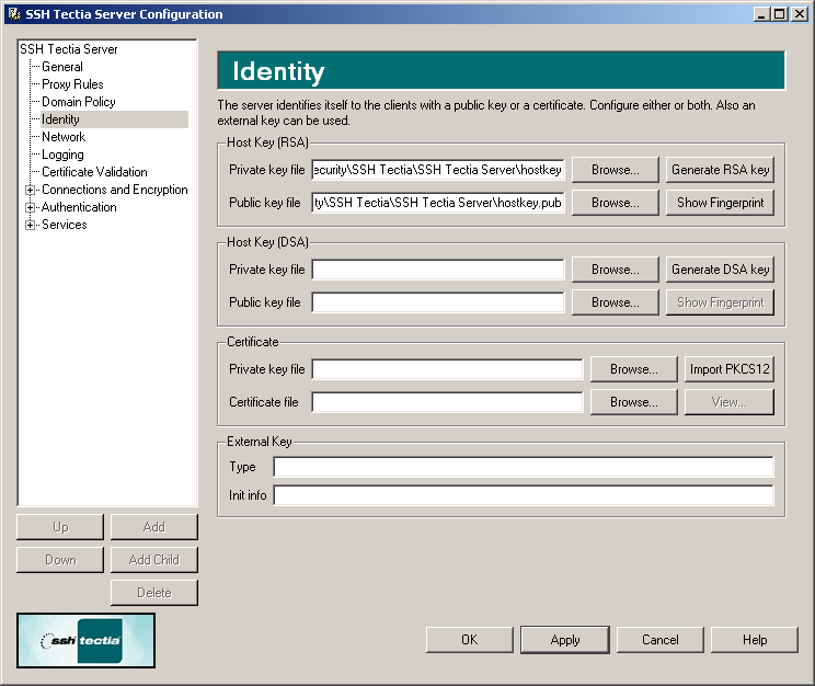 SSH Tectia Server Configuration - Identity page