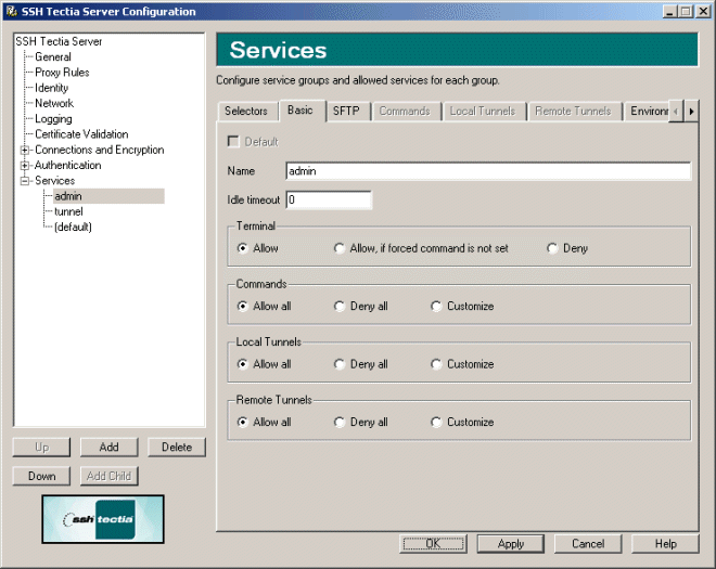 SSH Tectia Server Configuration - Services page - Basic tab