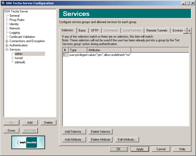 SSH Tectia Server Configuration - Services page - Selectors tab