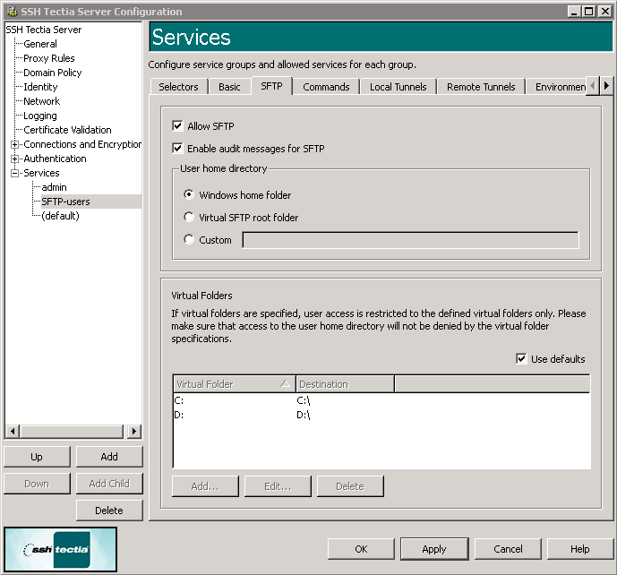 SSH Tectia Server Configuration - Services page - SFTP tab