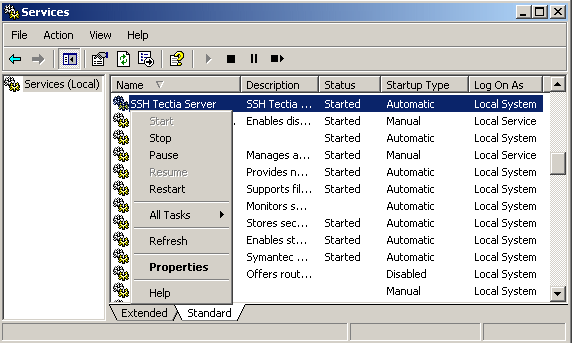 Starting and stopping SSH Tectia Server from the Windows Services console