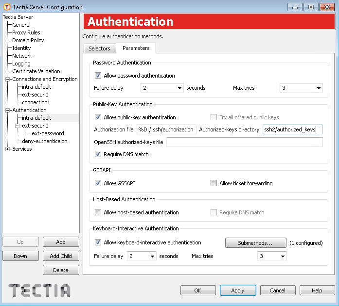 Tectia Server Configuration - Authentication page - Parameters tab