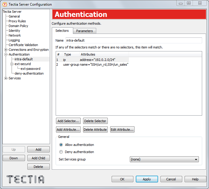 Tectia Server Configuration - Authentication page - Selectors tab