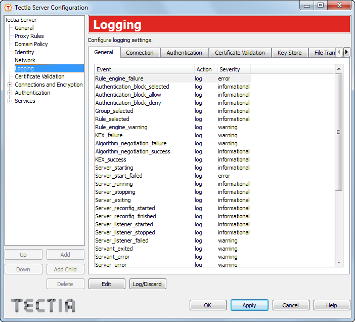 Tectia Server Configuration - Logging page