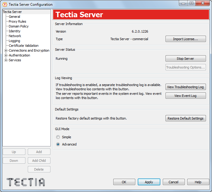 Using Tectia Server Configuration GUI to start and stop the Server