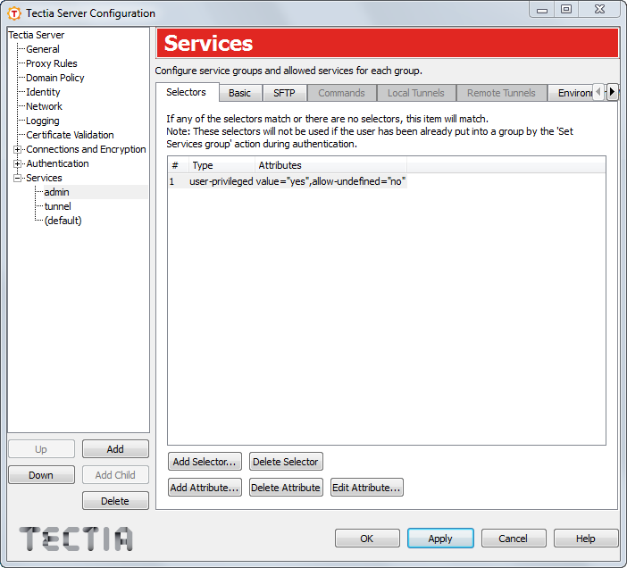 Tectia Server Configuration - Services page - Selectors tab