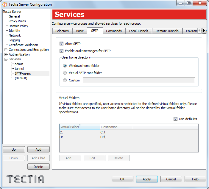 Tectia Server Configuration - Services page - SFTP tab