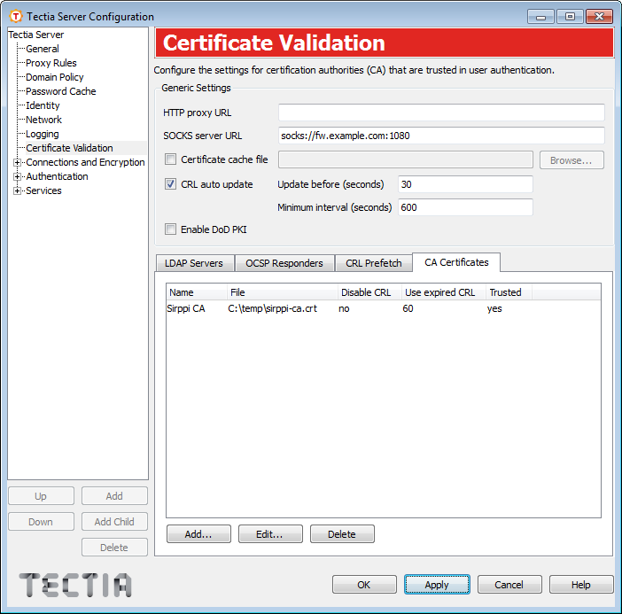 Tectia Server Configuration - Certificate Validation page