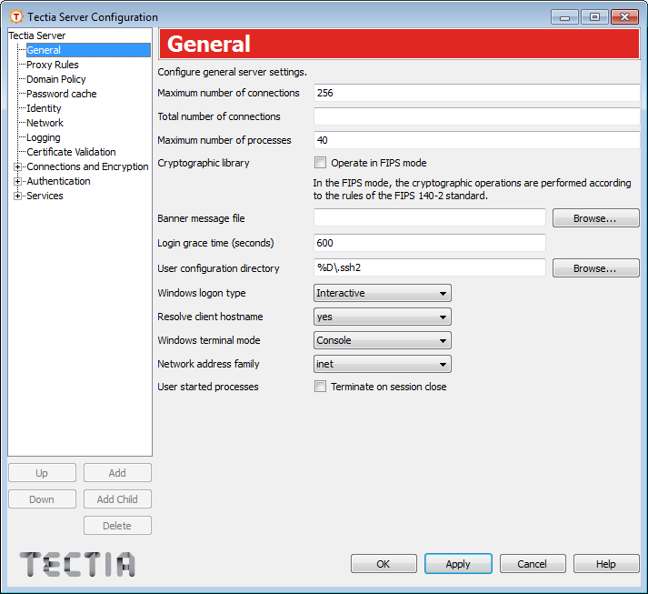 Tectia Server Configuration - General page