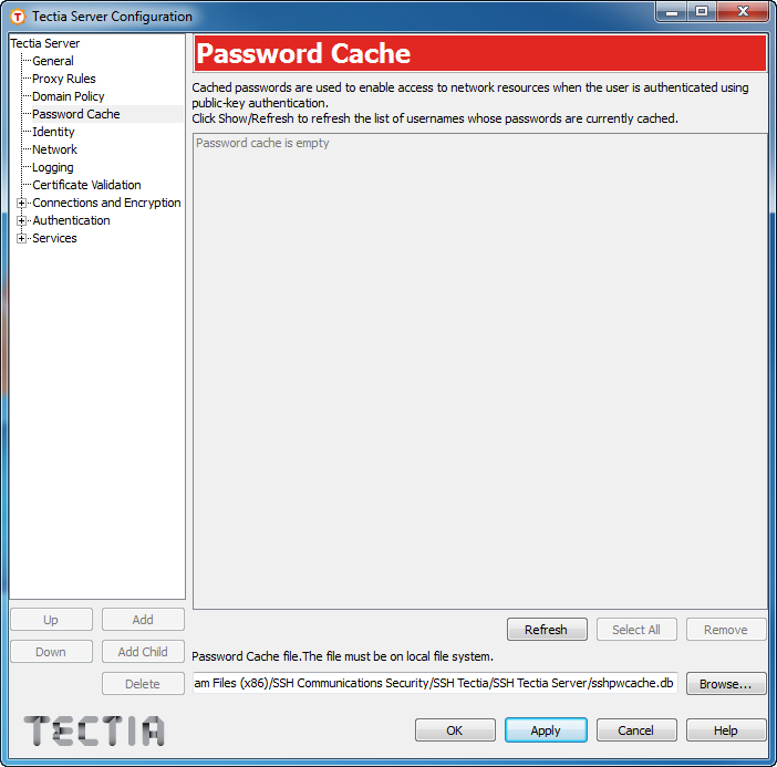 Tectia Server Configuration - Password Cache page