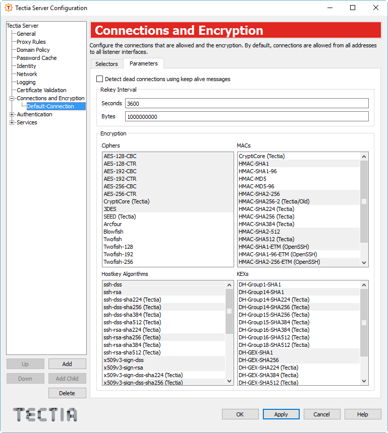 Tectia Server Configuration - Connections and Encryption page - Parameters tab