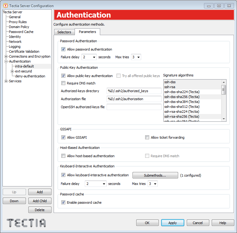 Tectia Server Configuration - Authentication page - Parameters tab