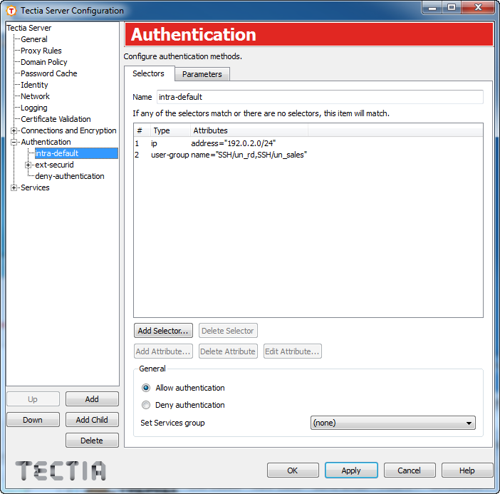 Tectia Server Configuration - Authentication page - Selectors tab