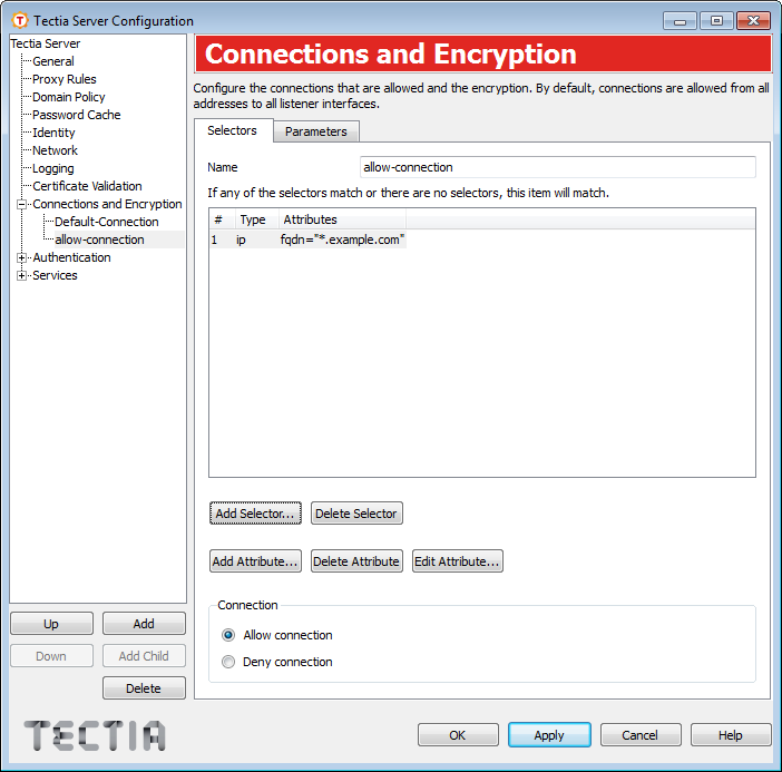 Tectia Server Configuration - Connections and Encryption page - Selectors tab