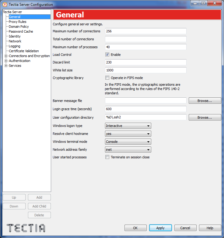 Tectia Server Configuration - General page