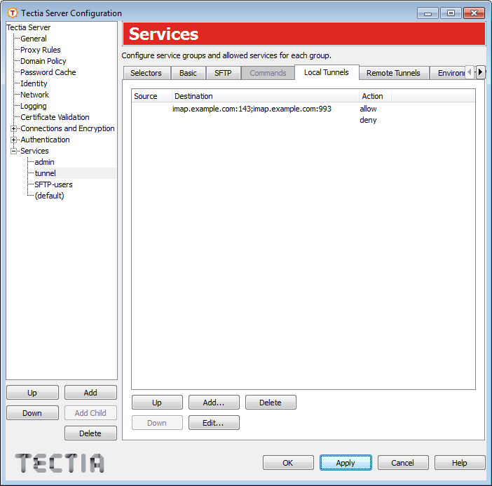 Tectia Server Configuration - Services page - Local Tunnels tab
