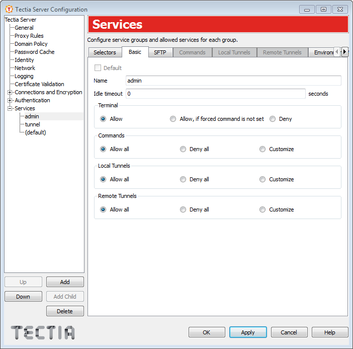 Tectia Server Configuration - Services page - Basic tab
