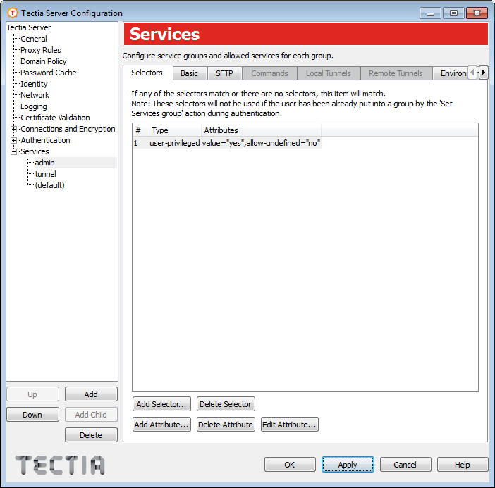 Tectia Server Configuration - Services page - Selectors tab