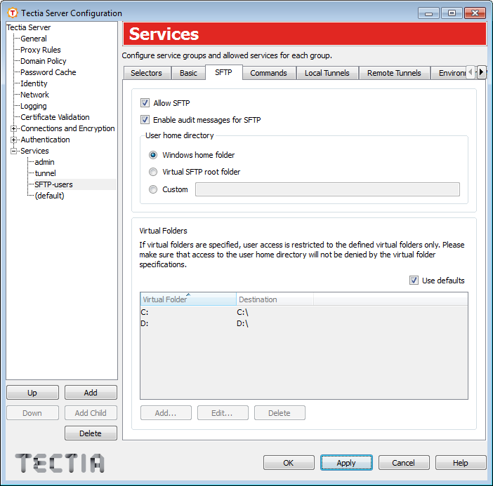 Tectia Server Configuration - Services page - SFTP tab