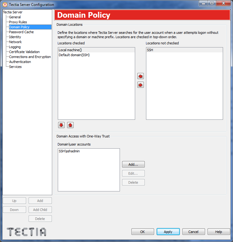 Tectia Server Configuration - Domain Policy page