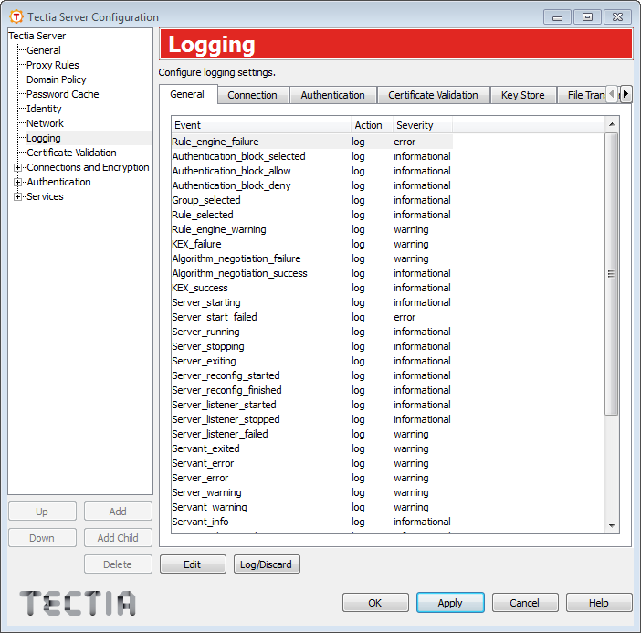 Tectia Server Configuration - Logging page