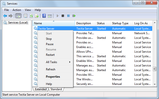 Starting and stopping Tectia Server from the Windows Services console
