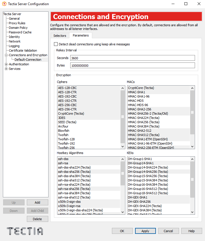 Tectia Server Configuration - Connections and Encryption page - Parameters tab