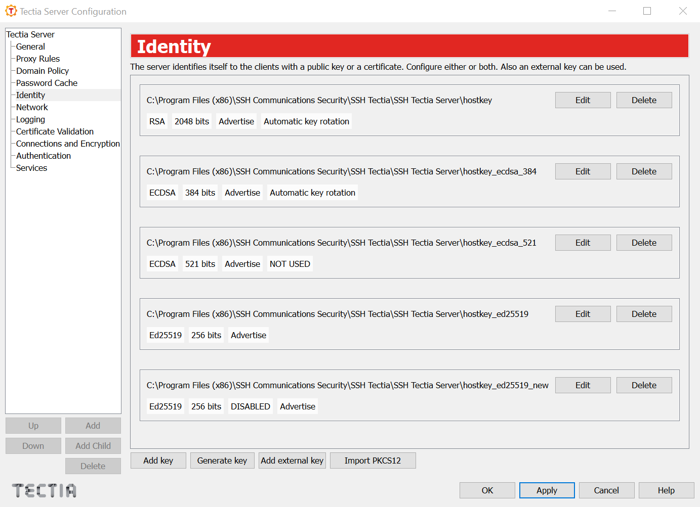 Tectia Server Configuration - Identity page