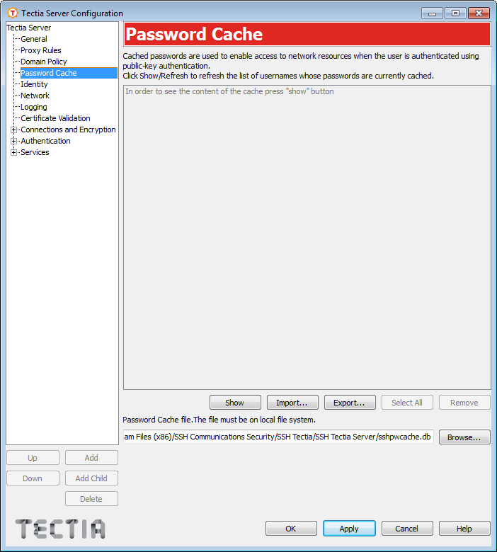 Tectia Server Configuration - Password Cache page