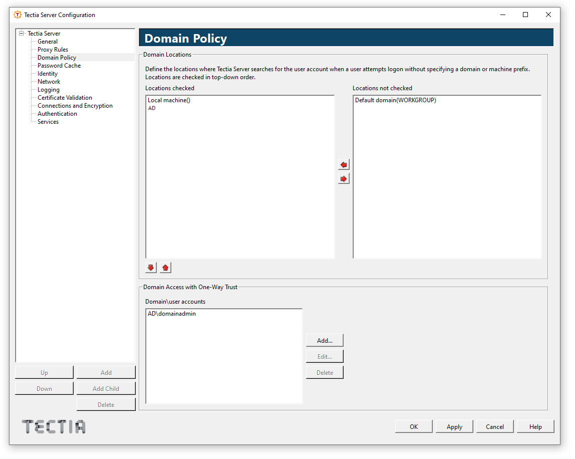 Tectia Server Configuration - Domain Policy page