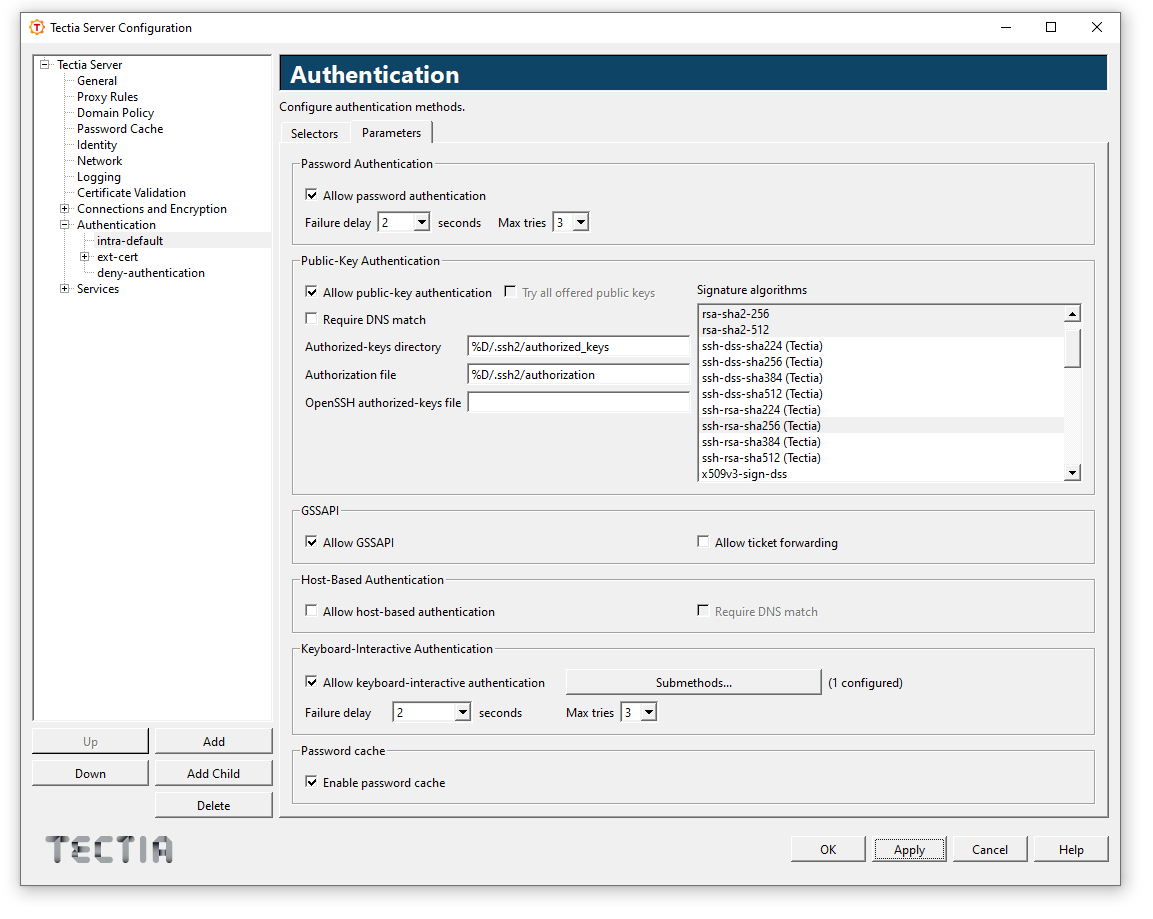 Tectia Server Configuration - Authentication page - Parameters tab