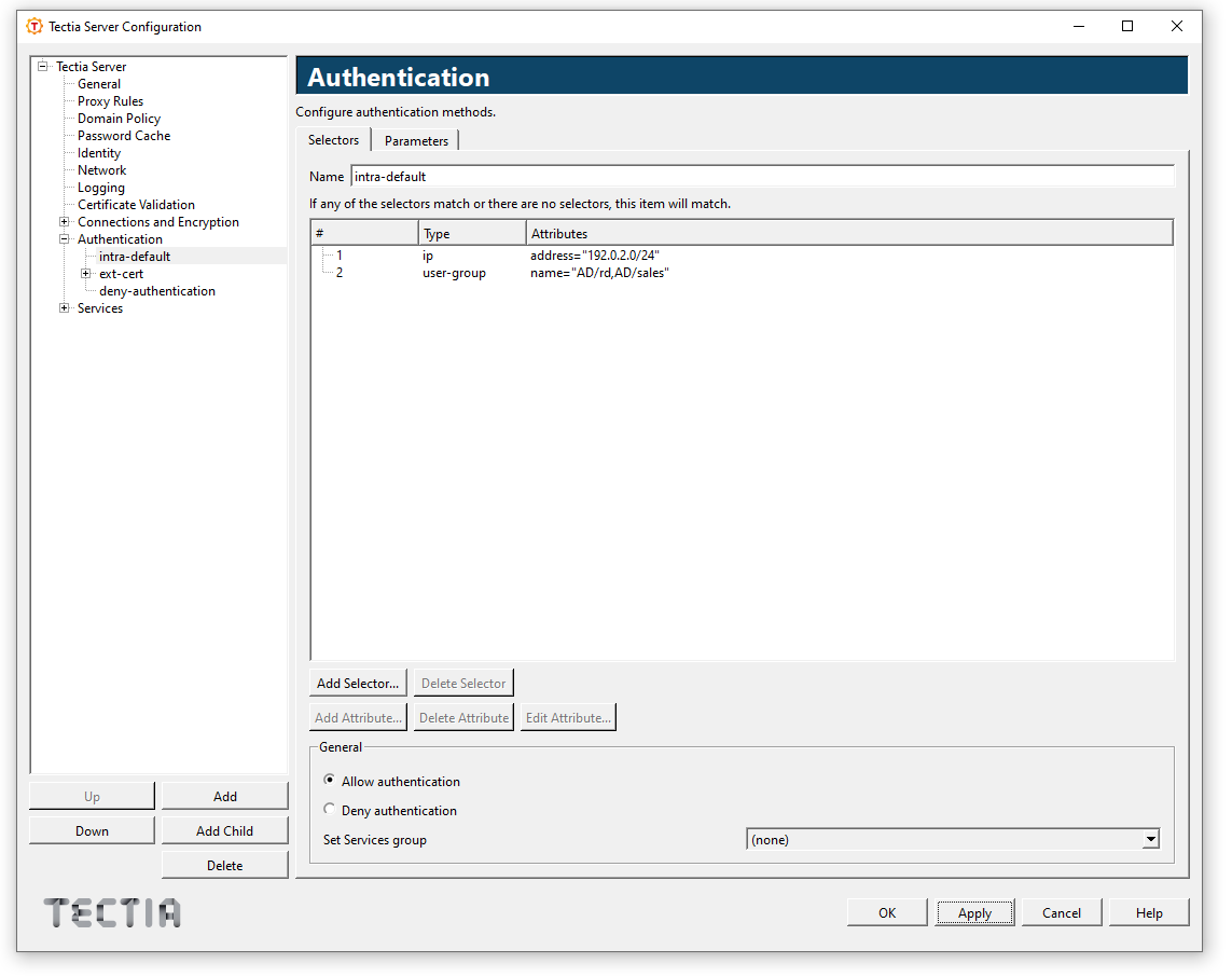 Tectia Server Configuration - Authentication page - Selectors tab