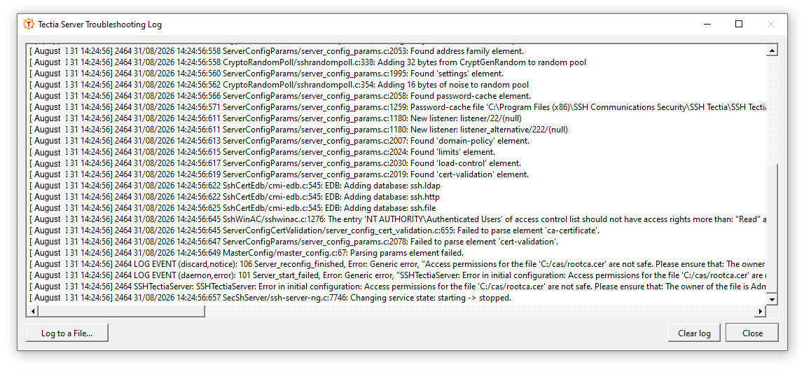 Viewing troubleshooting log