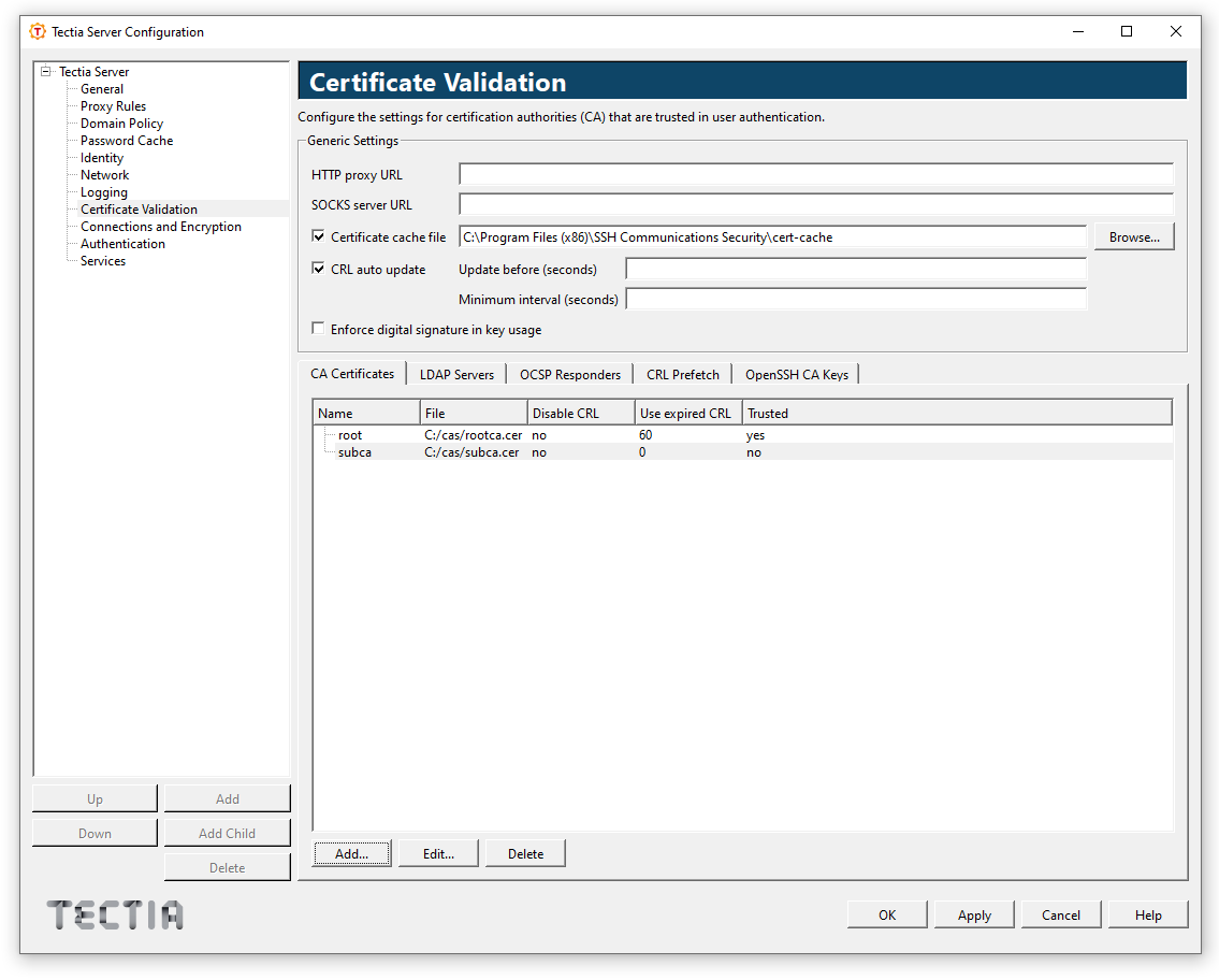 Tectia Server Configuration - Certificate Validation page