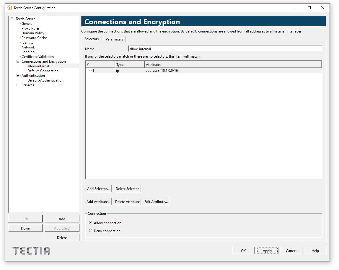 Tectia Server Configuration - Connections and Encryption page - Selectors tab