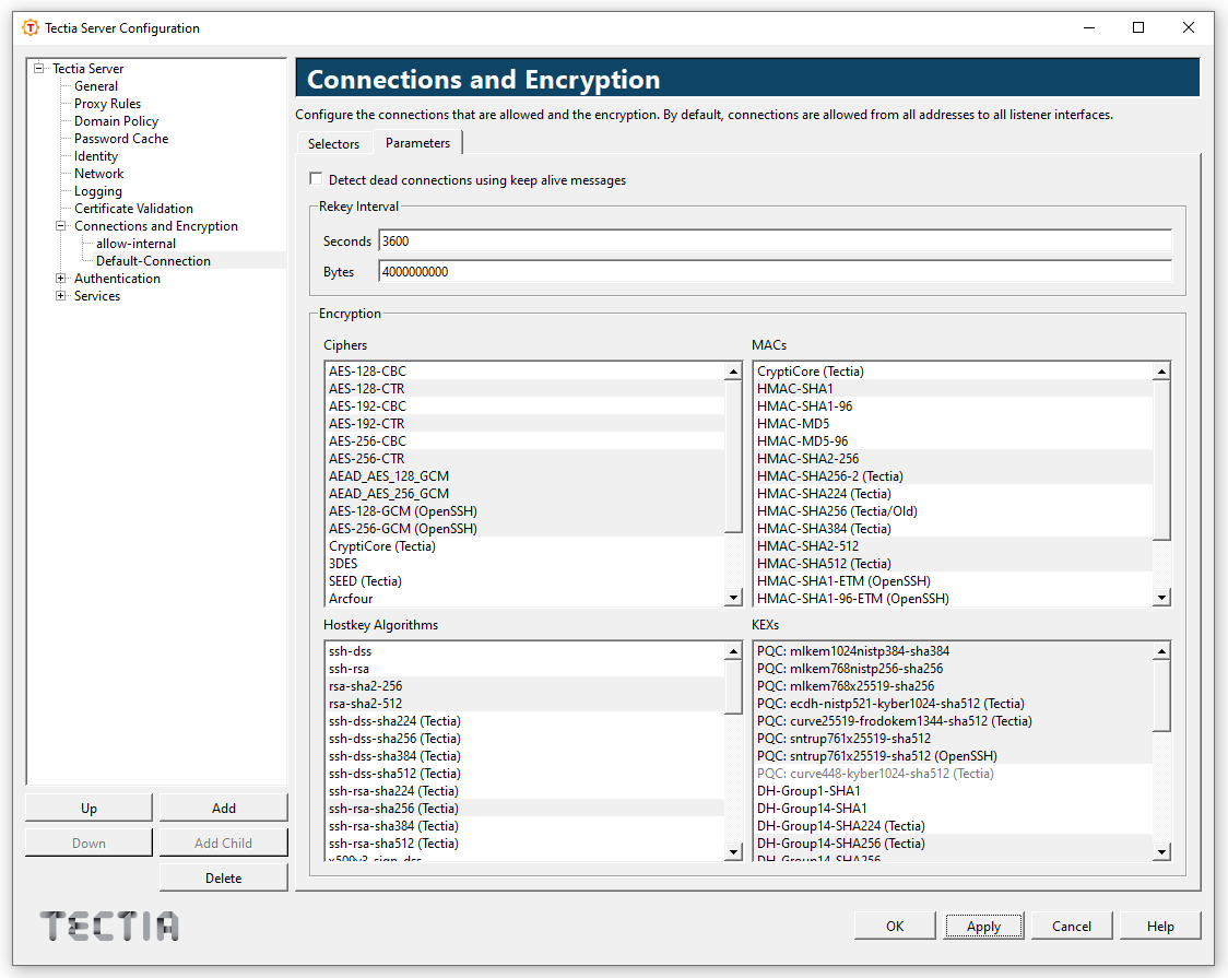 Tectia Server Configuration - Connections and Encryption page - Parameters tab