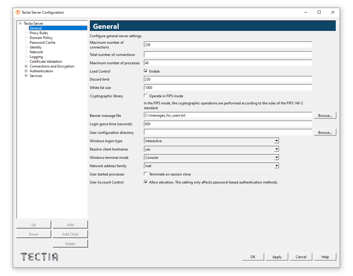 Tectia Server Configuration - General page