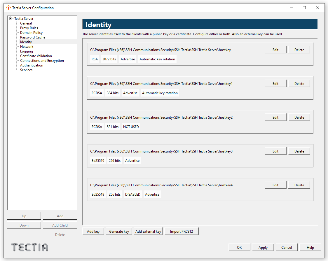 Tectia Server Configuration - Identity page