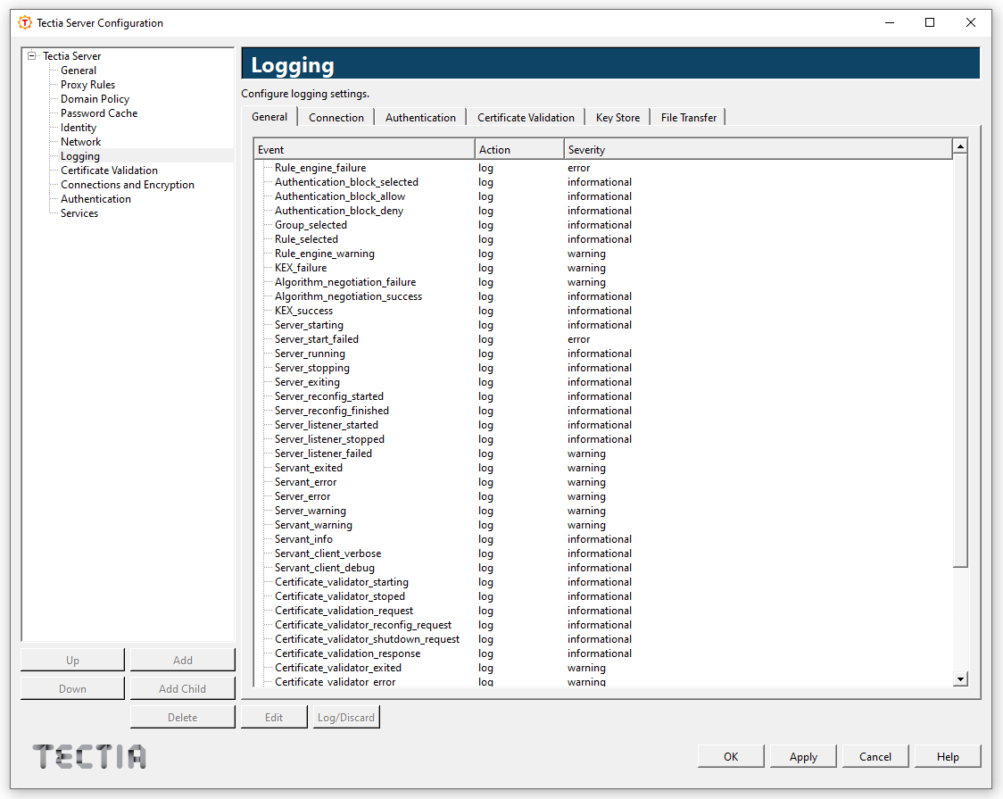 Tectia Server Configuration - Logging page