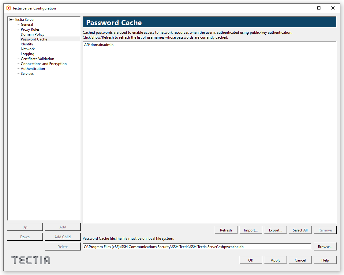 Tectia Server Configuration - Password Cache page